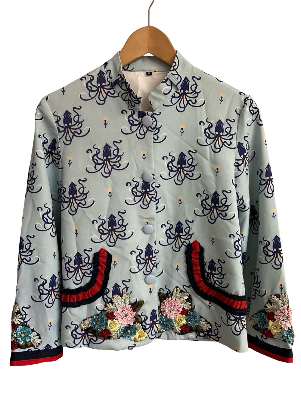 Kitschy Octopus Print Embellished Sequin Flowers Shacket Eclectic Rare Coat Sz M